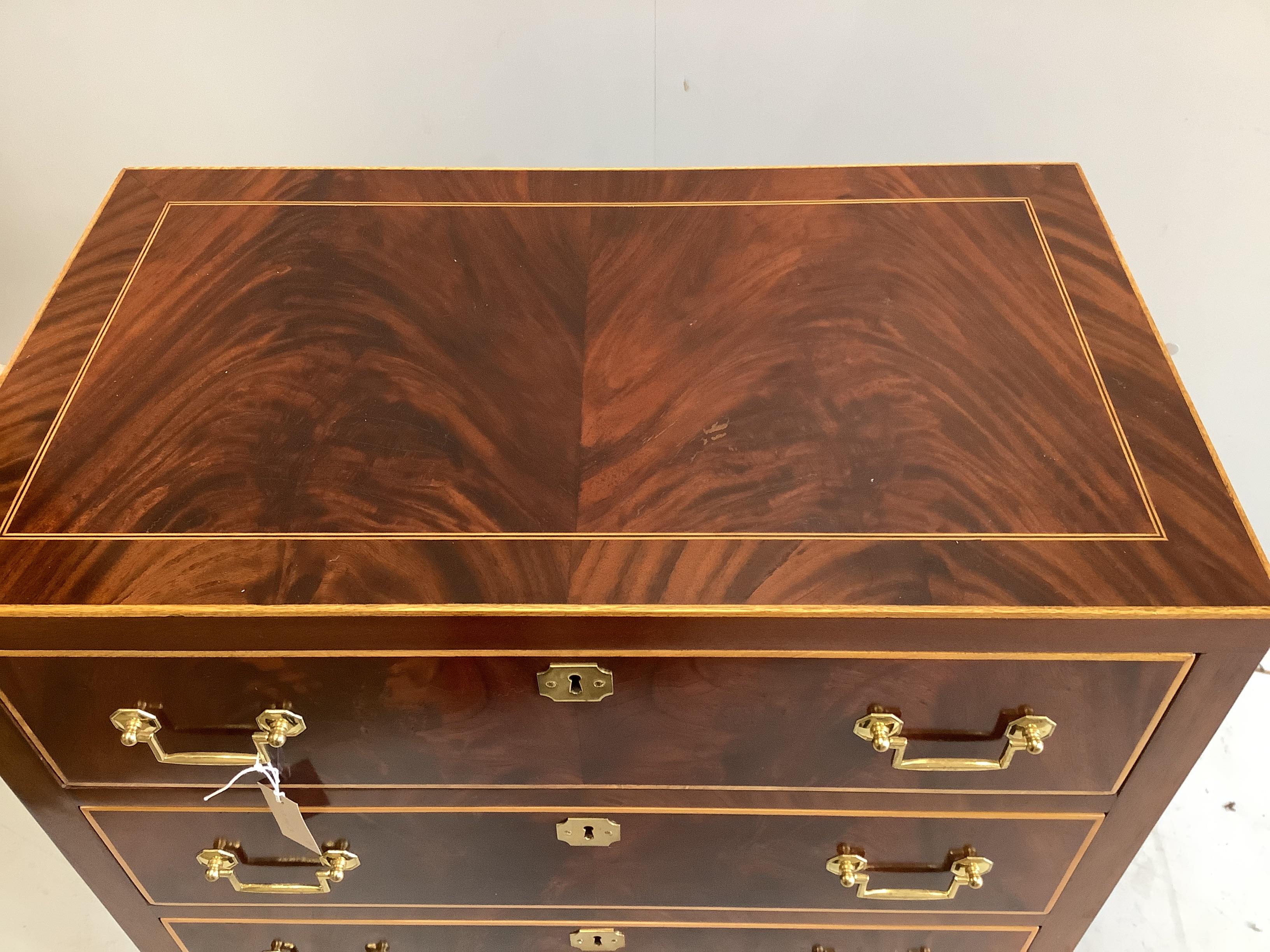 A pair of George IV style inlaid mahogany three drawer chests, width 79cm, depth 46cm, height 78cm